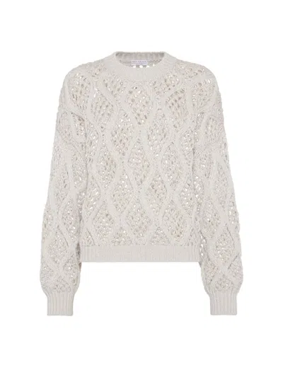Brunello Cucinelli Crop Fit Cashmere Sweater With Micro-sequins In Pearl