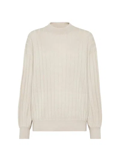 Brunello Cucinelli Women's Cashmere Flat Rib Sweater With Monili In Neutral