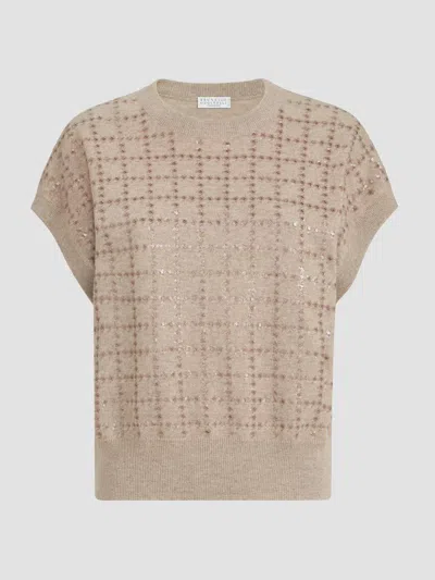 Brunello Cucinelli Cashmere-knit T-shirt With Dazzling Windowpane Embroidery In Neutral