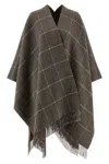Brunello Cucinelli Reversible Poncho With Fringe And Plaid In Brown