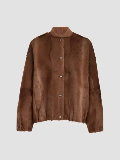 Brunello Cucinelli Women's Cashmere Shearling Bomber Jacket With Monili In Mahogany