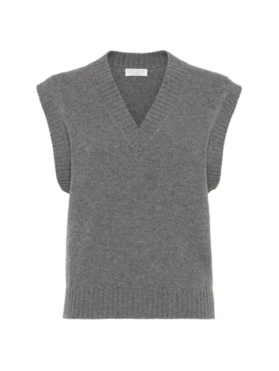 Brunello Cucinelli Women's Cashmere Sweater Vest With Monili In Gray