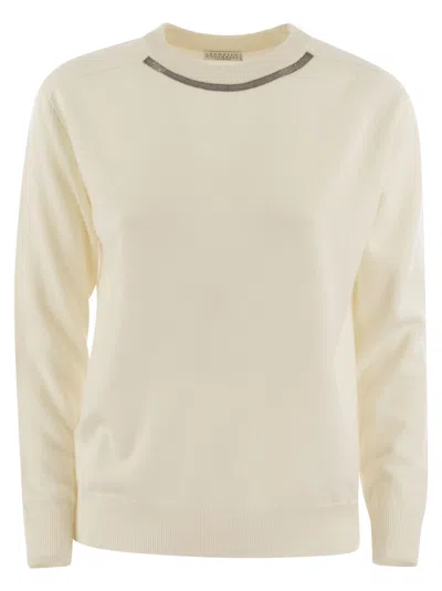 Brunello Cucinelli Cashmere Sweater With Neck Jewel In Beige