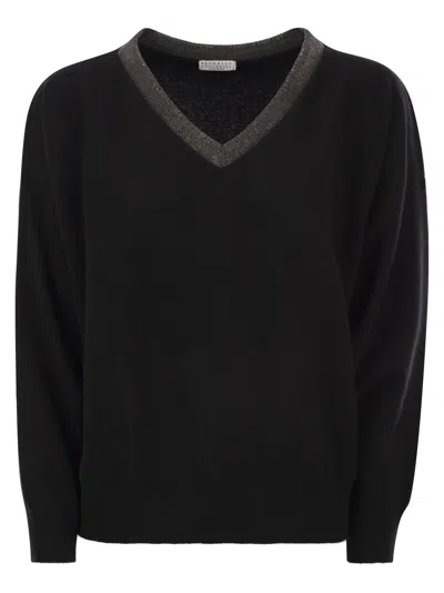 Brunello Cucinelli Women Cashmere Sweater With Precious Ribbed Neckline In Black