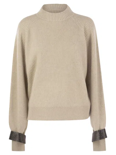 Brunello Cucinelli Women Cashmere Sweater With Shiny Detail In White