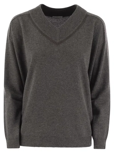 Brunello Cucinelli Women's Cashmere Sweater With Shiny Neckline In Grey