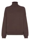 Brunello Cucinelli Ribbed Cashmere Turtleneck Sweater With Long Sleeves In Brown