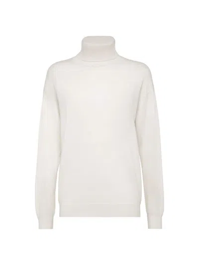 Brunello Cucinelli Women's Cashmere Turtleneck Sweater With Monili In White