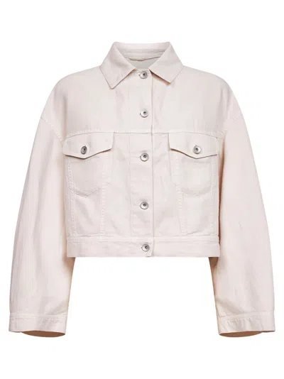 Brunello Cucinelli Women Chalk Cotton And Linen Cover Jacket With Monili In Green