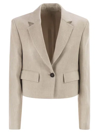 Brunello Cucinelli Women Chevron Linen And Cotton Crop Jacket With Necklace In Brown