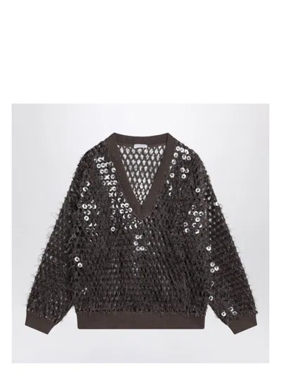 BRUNELLO CUCINELLI WOMEN'S CHOCOLATE MESH TOP WITH SEQUINS