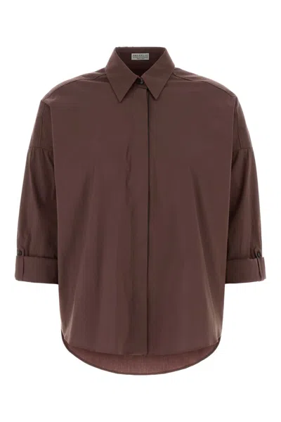Brunello Cucinelli Women Chocolate Stretch Poplin Shirt In Brown