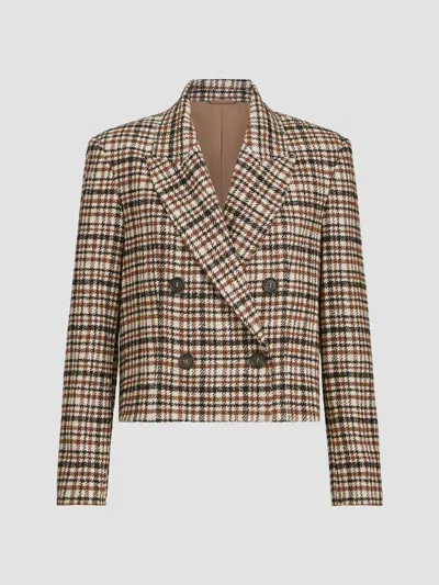 Brunello Cucinelli Comfort Checked Wool And Alpaca Blazer With Monili In Brown