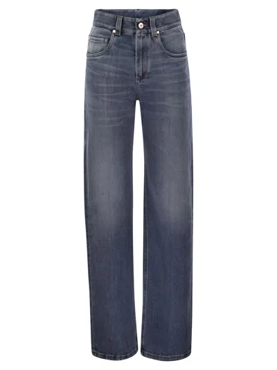 Brunello Cucinelli Women Contemporary Loose Trousers In Comfort Cotton Denim With Jewellery In Blue