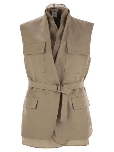 Brunello Cucinelli Women Cotton And Linen Cover Gilet With Detachable Organza Insert And Necklace