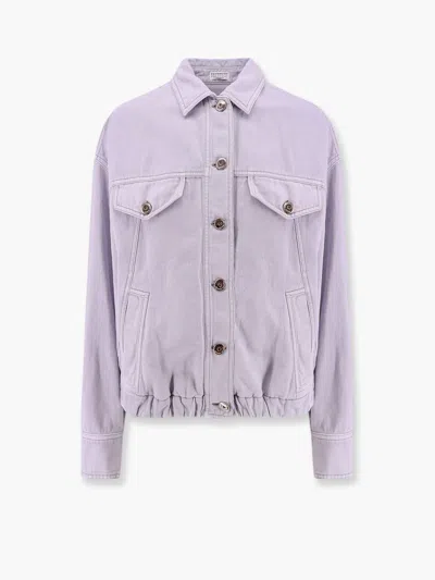 Brunello Cucinelli Women Cotton And Linen Denim Jacket With Elastic Bottom
