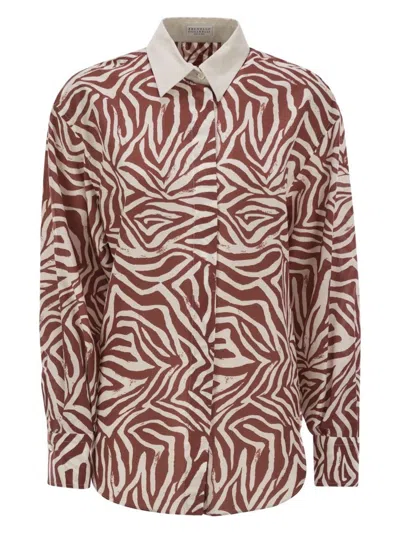 BRUNELLO CUCINELLI WOMEN'S COTTON AND SILK ETHNIC PRINT POPLIN SHIRT