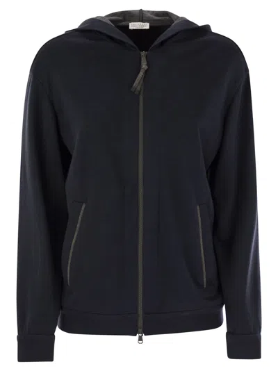 BRUNELLO CUCINELLI BRUNELLO CUCINELLI WOMEN COTTON AND SILK INTERLOCK HOODED TOPWEAR WITH PRECIOUS STRIPE