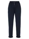 Brunello Cucinelli Women's Cotton And Silk Interlock Trousers With Shiny Pocket Detail In Night