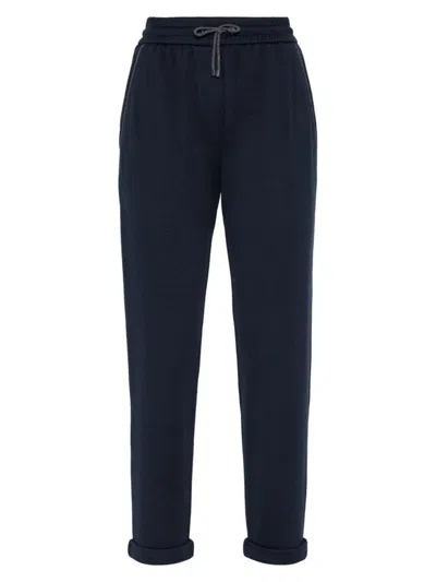 Brunello Cucinelli Women's Cotton And Silk Interlock Trousers With Shiny Pocket Detail In Night