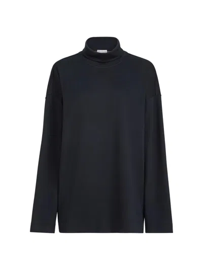 Brunello Cucinelli Cotton And Silk Interlock Turtleneck Sweater In Blue