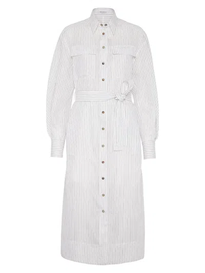 Brunello Cucinelli Women's Cotton And Silk Sparkling Stripe Organza Shirt Dress In White