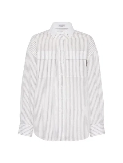 Brunello Cucinelli Women's Cotton And Silk Sparkling Stripe Organza Shirt In White