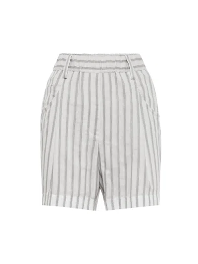 Brunello Cucinelli Striped Cotton-silk Shorts In Grey
