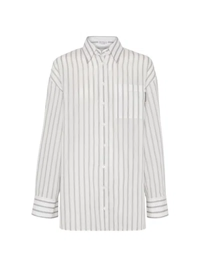 Brunello Cucinelli Women's Cotton And Silk Textured Stripe Gauze Shirt In Grey Multi