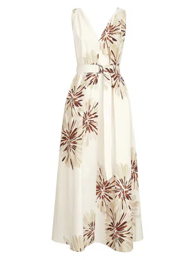 Brunello Cucinelli Floral Print Mini Dress With V-neck And Fabric Belt In Neutral