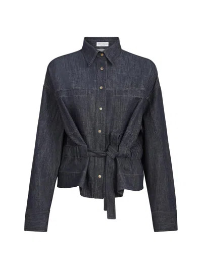 Brunello Cucinelli Cotton Denim-effect Twill Cropped Shirt In Blue