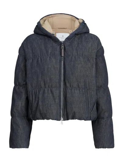 Brunello Cucinelli Women's Cotton Denim Effect Twill Down Coat With Monili In Blue