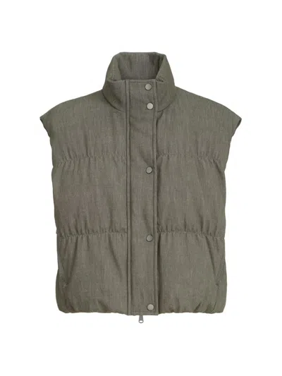 Brunello Cucinelli Women's Cotton Denim Effect Twill Down Vest With Monili In Green