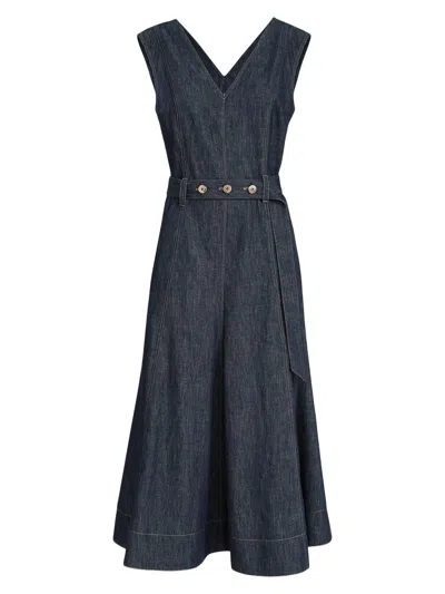 Brunello Cucinelli Women's Cotton Denim Effect Twill Flared Dress With Belt And Monili In Blue