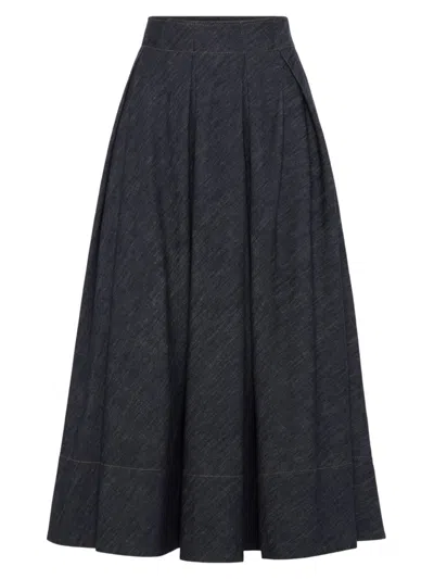 Brunello Cucinelli Pleated Denim Midi Skirt In Dark Denim