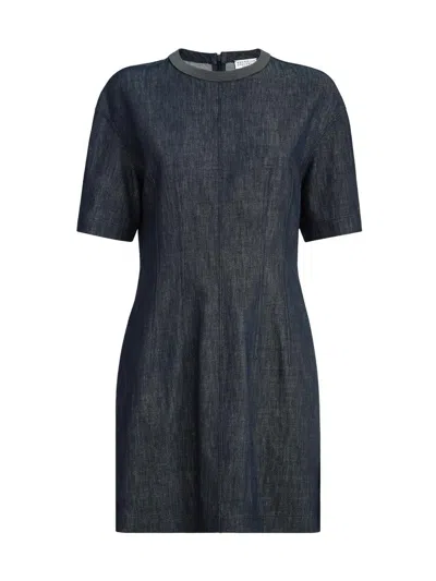 Brunello Cucinelli Women's Cotton Denim Effect Twill T-shirt Dress With Precious Collar In Blue