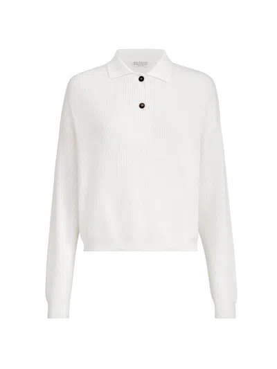 Brunello Cucinelli Women's Cotton English Rib Knit Polo Shirt With Monili In Brown