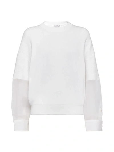 Brunello Cucinelli Women's Cotton English Rib Knit Jumper With Organza Sleeves In White