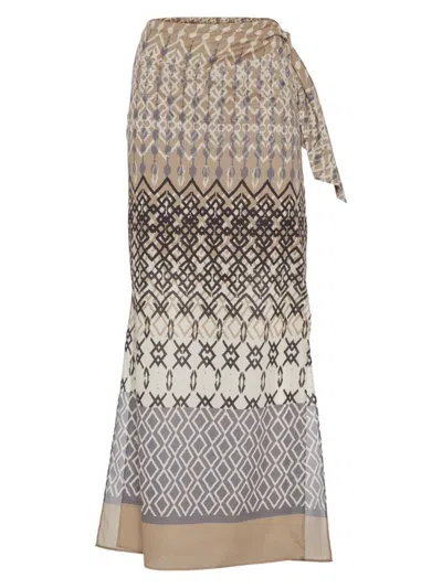 Brunello Cucinelli Women's Cotton Ethnic Print Gauze Sarong Skirt In Mud Multi