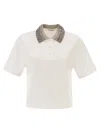 Brunello Cucinelli Women Cotton Jersey Polo Shirt With Dazzling Knit Collar In White