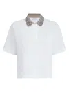 Brunello Cucinelli Women Cotton Jersey Polo Shirt With Dazzling Knit Collar In White
