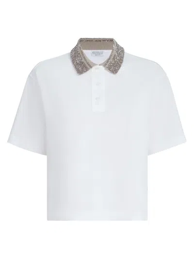 BRUNELLO CUCINELLI WOMEN'S COTTON JERSEY POLO SHIRT WITH DAZZLING KNIT COLLAR