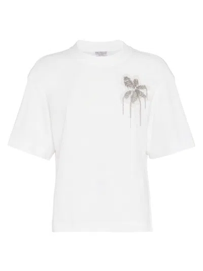 Brunello Cucinelli Women's Cotton Jersey T-shirt With Precious Flower Crest In White
