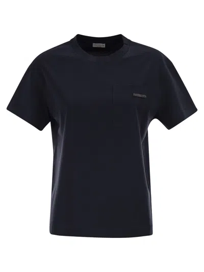 Brunello Cucinelli Women Cotton Jersey T-shirt With Shiny Tab In Blue