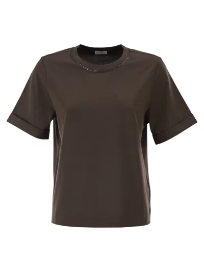 Brunello Cucinelli Women Cotton Jersey T-shirt With Shiny Trims In Brown