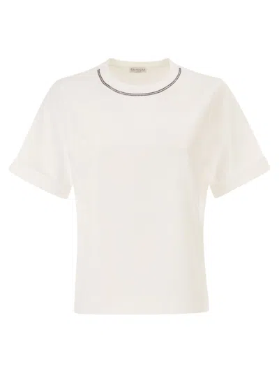Brunello Cucinelli Women Cotton Jersey T-shirt With Shiny Trims In White