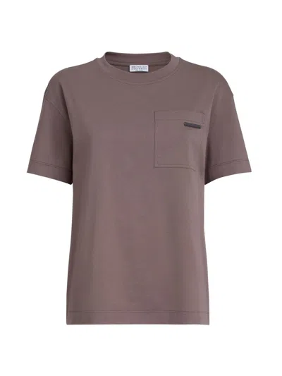 Brunello Cucinelli Women's Cotton Jersey T-shirt With Shiny Tab In Brown