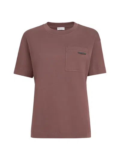 Brunello Cucinelli Cotton Jersey T-shirt With Shiny Tab In Brown