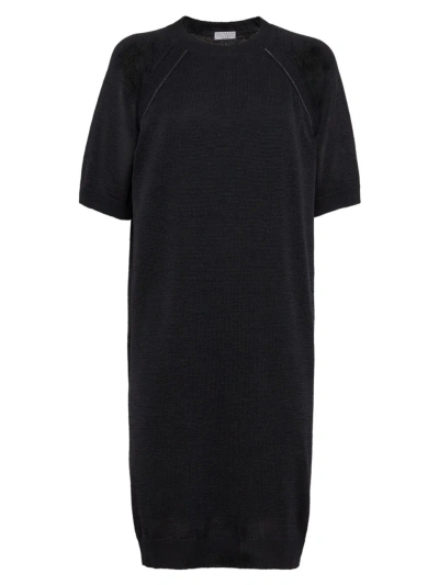 Brunello Cucinelli Women's Cotton Knit Dress With Shiny Piping In Black
