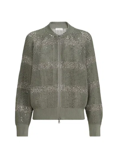 Brunello Cucinelli Women's Cotton Net Cardigan With Dazzling Stripes In Green